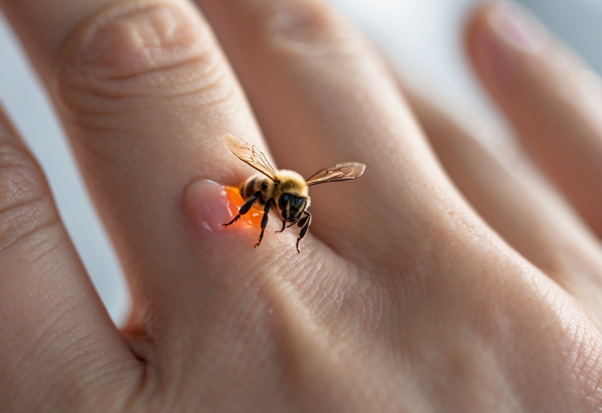 Close-up of a hand with a bee sting embedded, showing redness and swelling around the sting site.