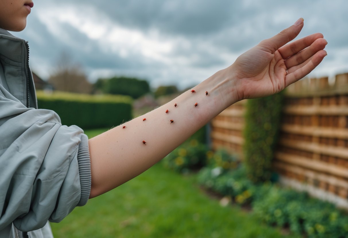 A person outdoors in a garden looking at insect bites on their arm.
