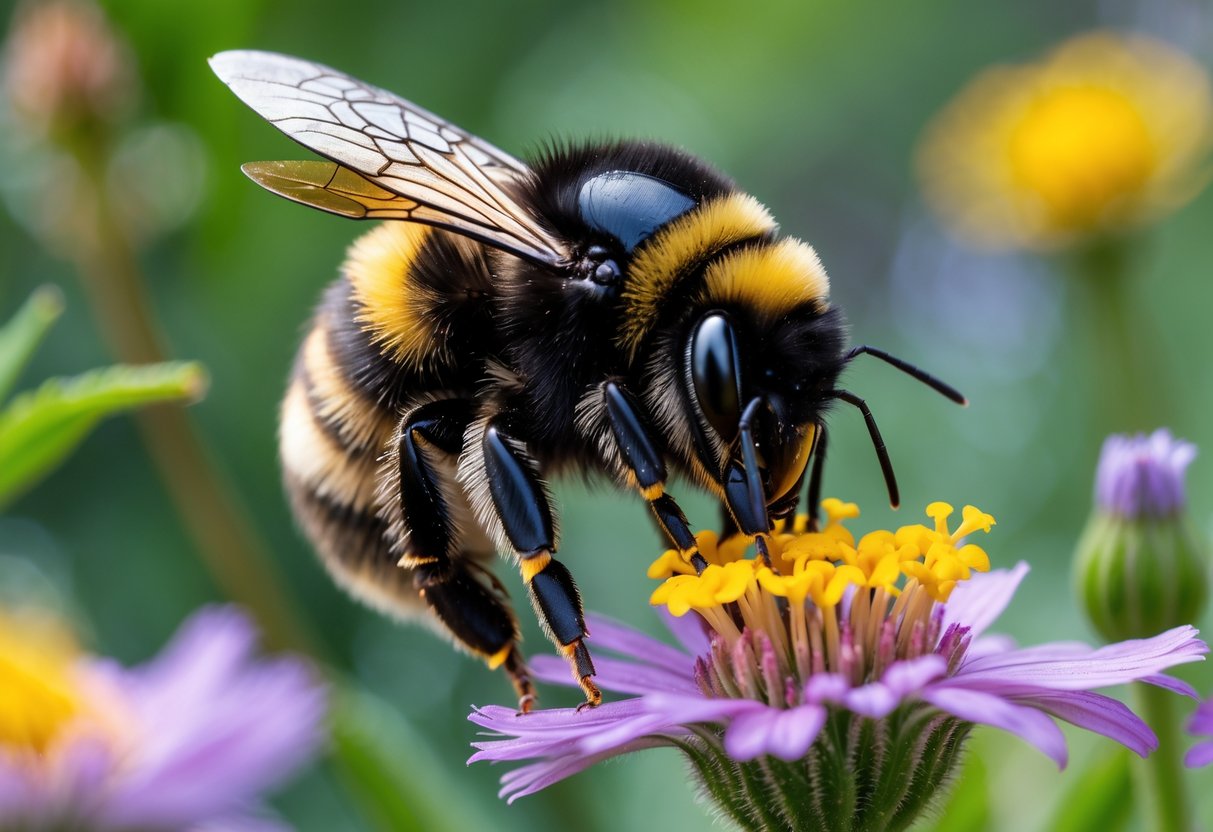 A bumblebee collecting nectar from a flower in a garden.
