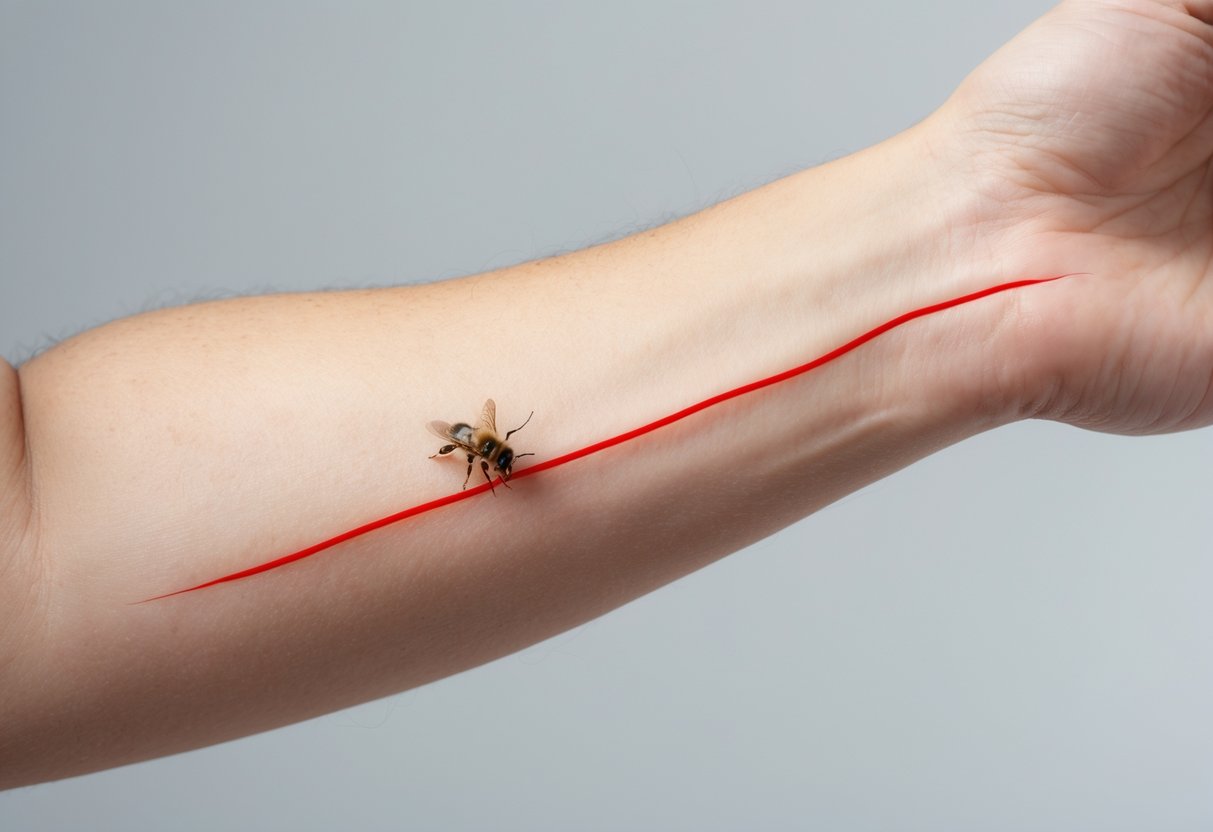 Close-up of a forearm showing a red line extending from a bee sting with surrounding redness and swelling.