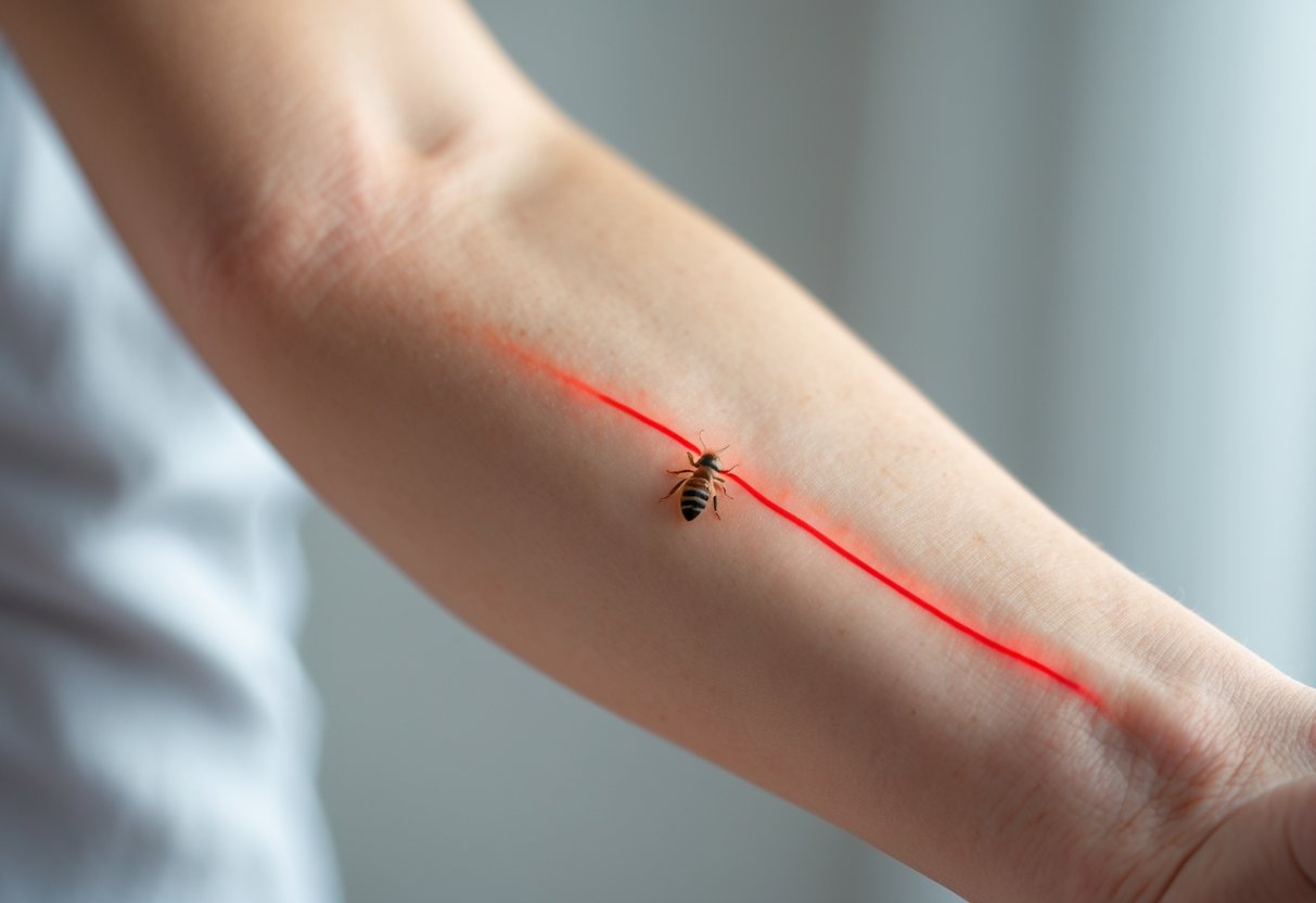 Close-up of a human forearm showing a red line extending from a bee sting site with slight swelling.