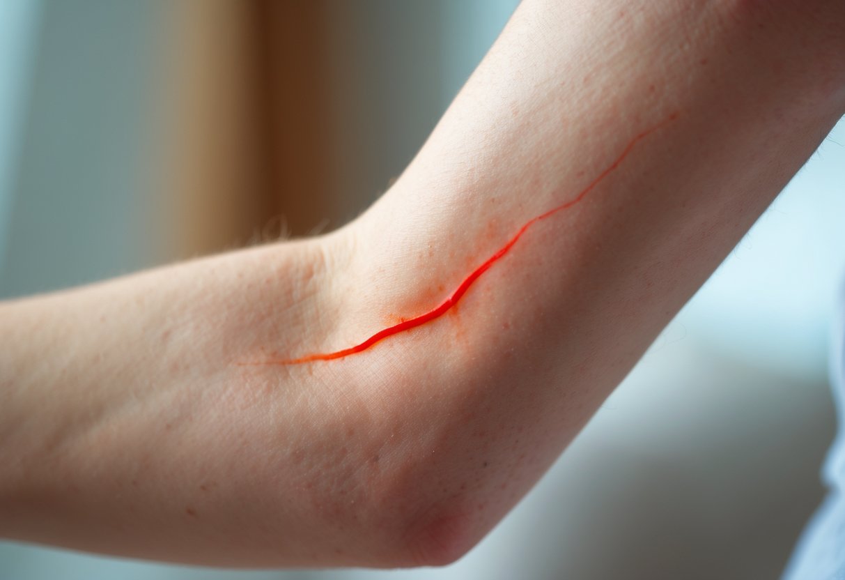 Close-up of a forearm showing a red line extending from a bee sting site with slight swelling and redness.