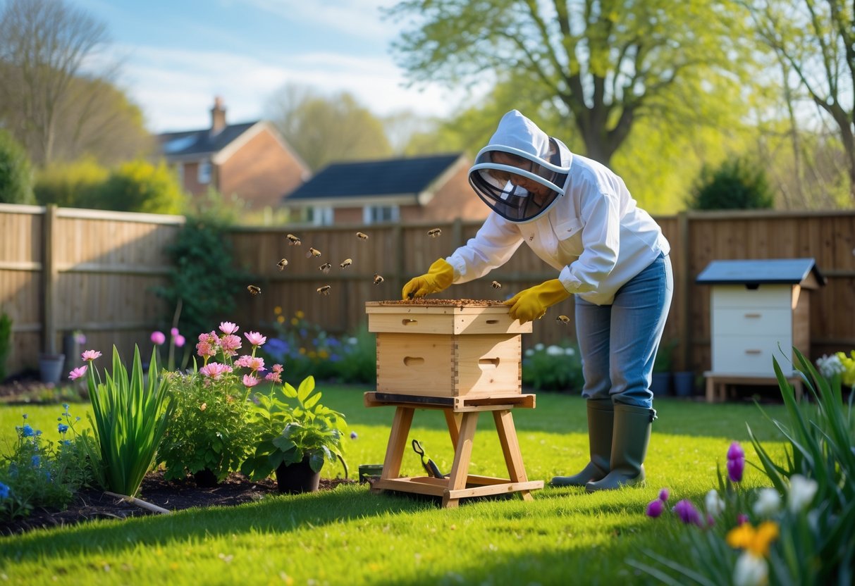 A person in protective beekeeping gear tending a wooden beehive in a green backyard garden with flowers and bees flying around.