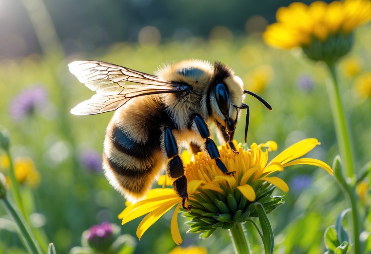 A bumblebee resting on a yellow flower in a green meadow.