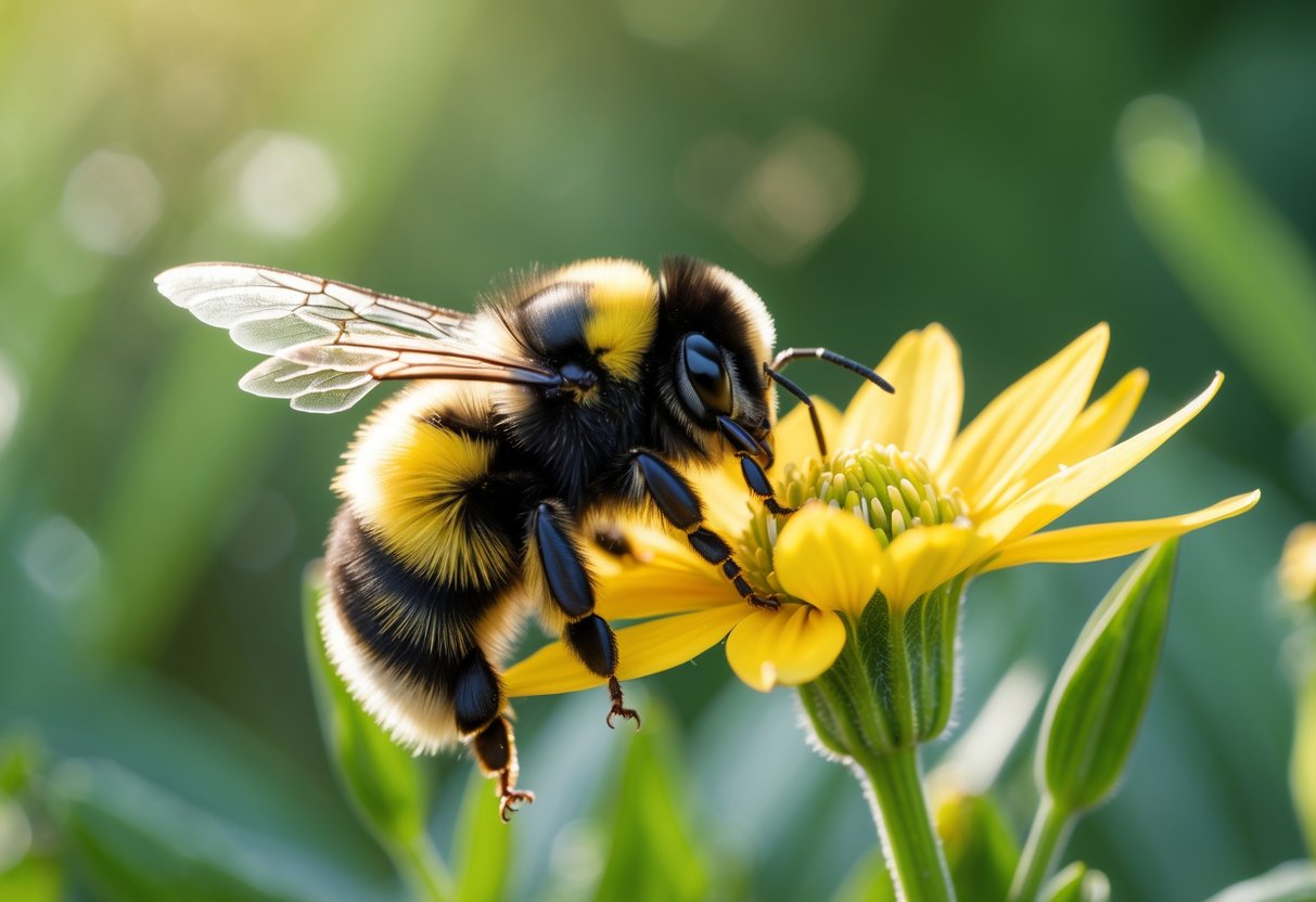 A close-up of a bumblebee on a yellow flower with green blurred background.