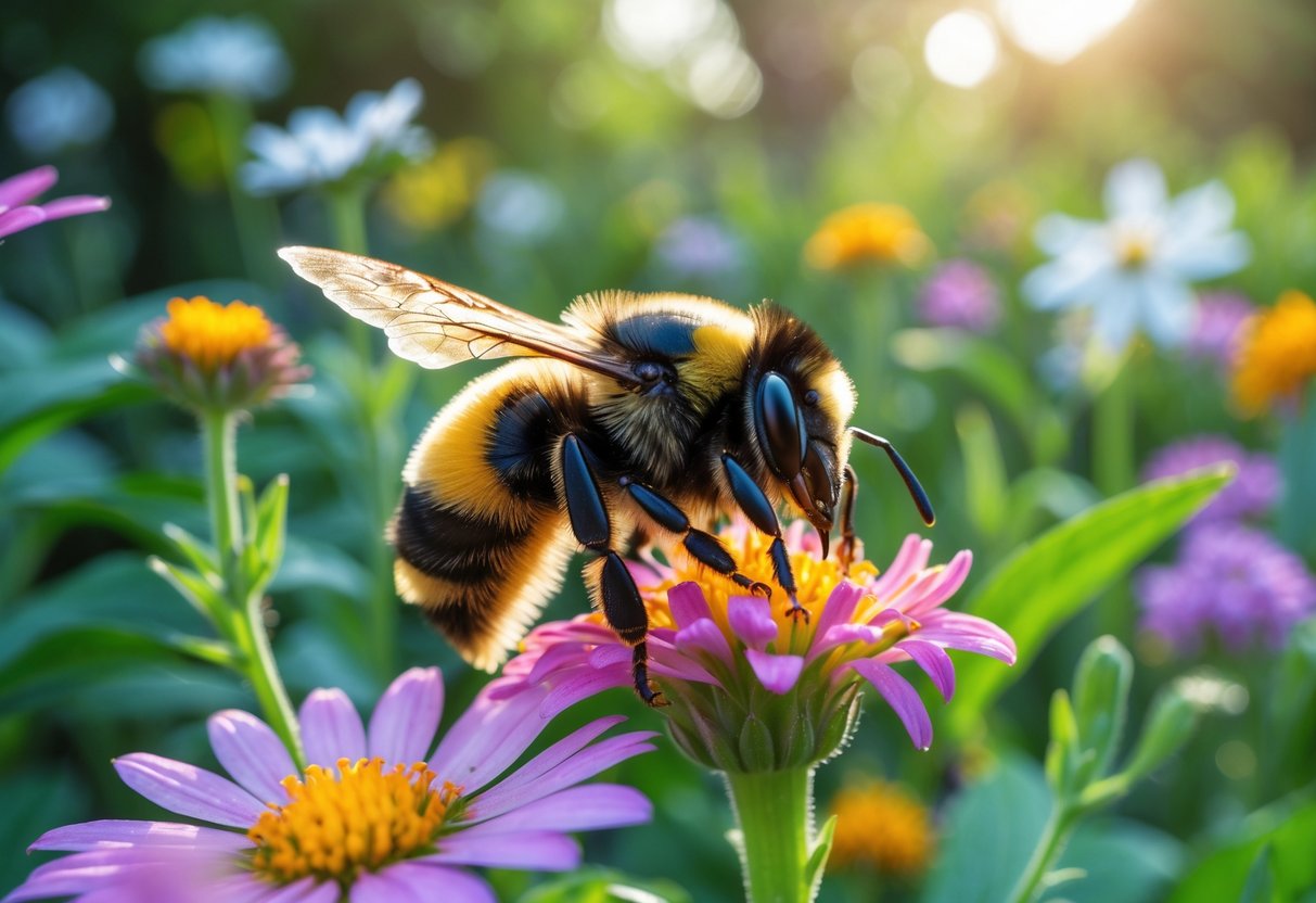 A close-up of a bumble bee on a flower surrounded by green plants and colorful blossoms.