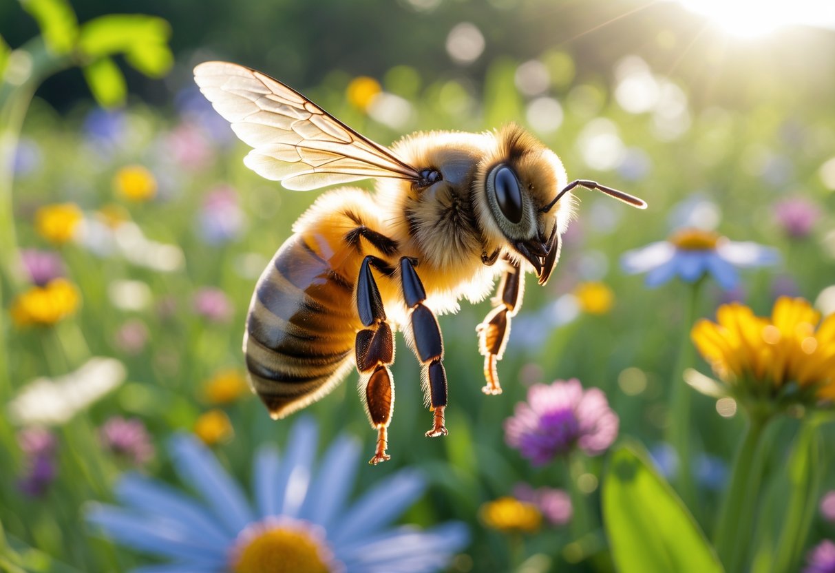 A honeybee flying over a field of colorful wildflowers with blurred wings showing motion.