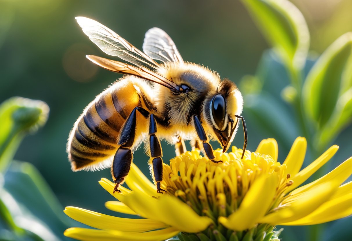 A honey bee sitting on a yellow flower with green foliage in the background.