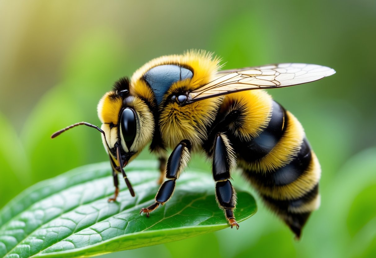 A close-up of a large bumble bee queen resting on a green leaf with blurred green background.