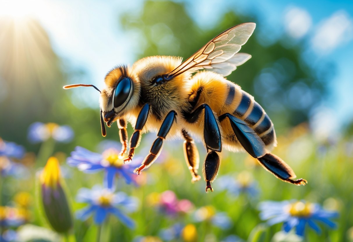A bee flying over a meadow with colorful flowers and green foliage in the background.