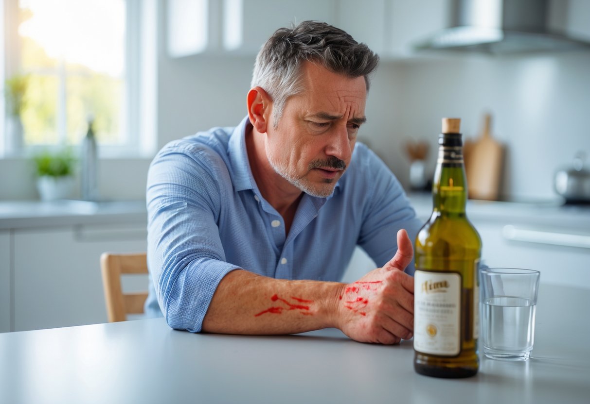 A man holding his swollen red hand with wasp sting marks, sitting at a kitchen table with a glass of water and a bottle of alcohol nearby.