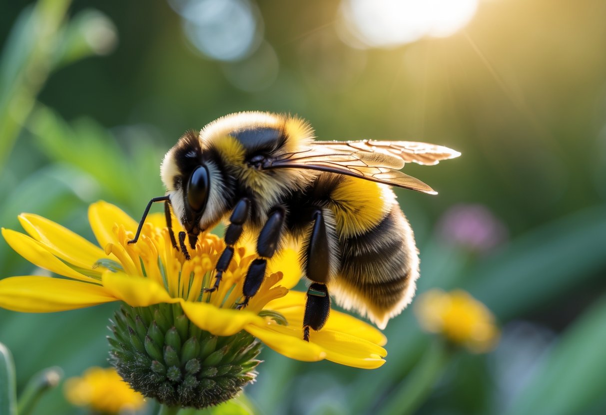 A bumblebee collecting nectar from a yellow flower in a garden.