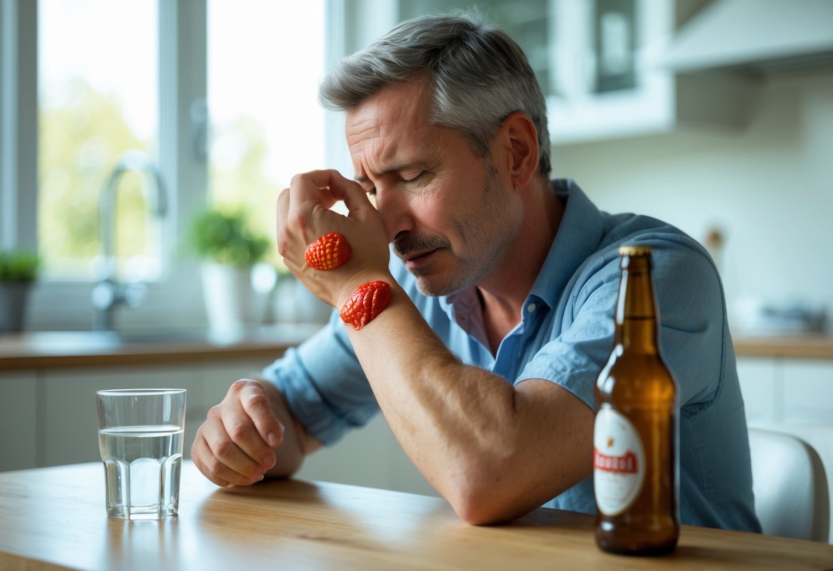 A man examining a red wasp sting on his forearm while sitting at a kitchen table with a glass of water and an unopened beer bottle nearby.