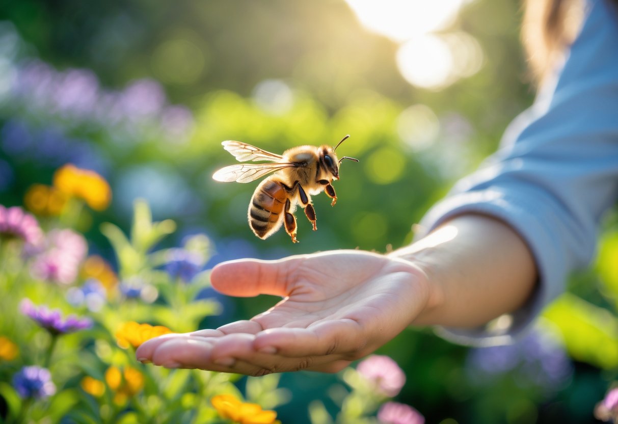 A bee hovering near a person's outstretched hand in a garden with flowers and greenery.