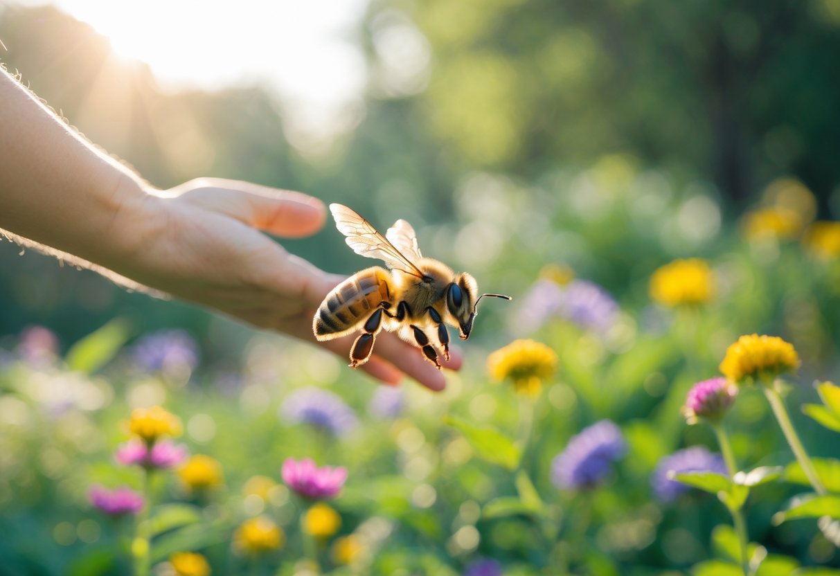 A honeybee hovering near a person's outstretched hand in a garden with flowers and greenery.