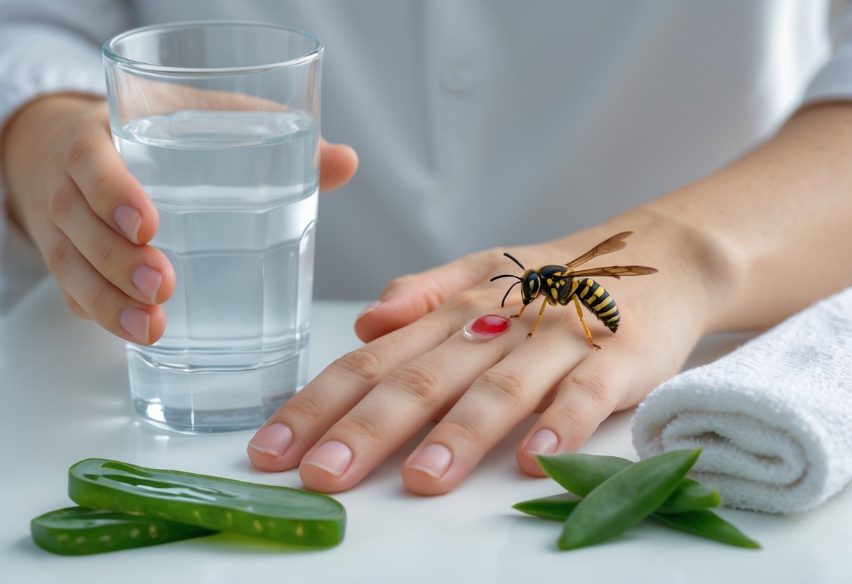 Close-up of a person's hand with a wasp sting, holding a glass of water, with aloe vera gel and a cold compress nearby.