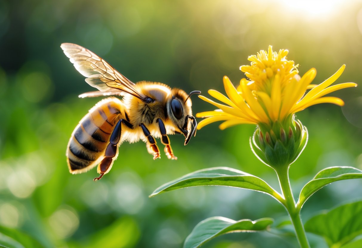 A honeybee hovering near a yellow flower in a green garden with sunlight.