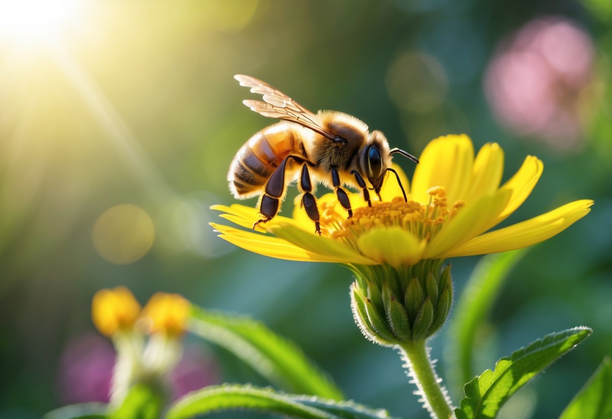 A bee resting on a yellow flower in a sunlit garden with green foliage in the background.