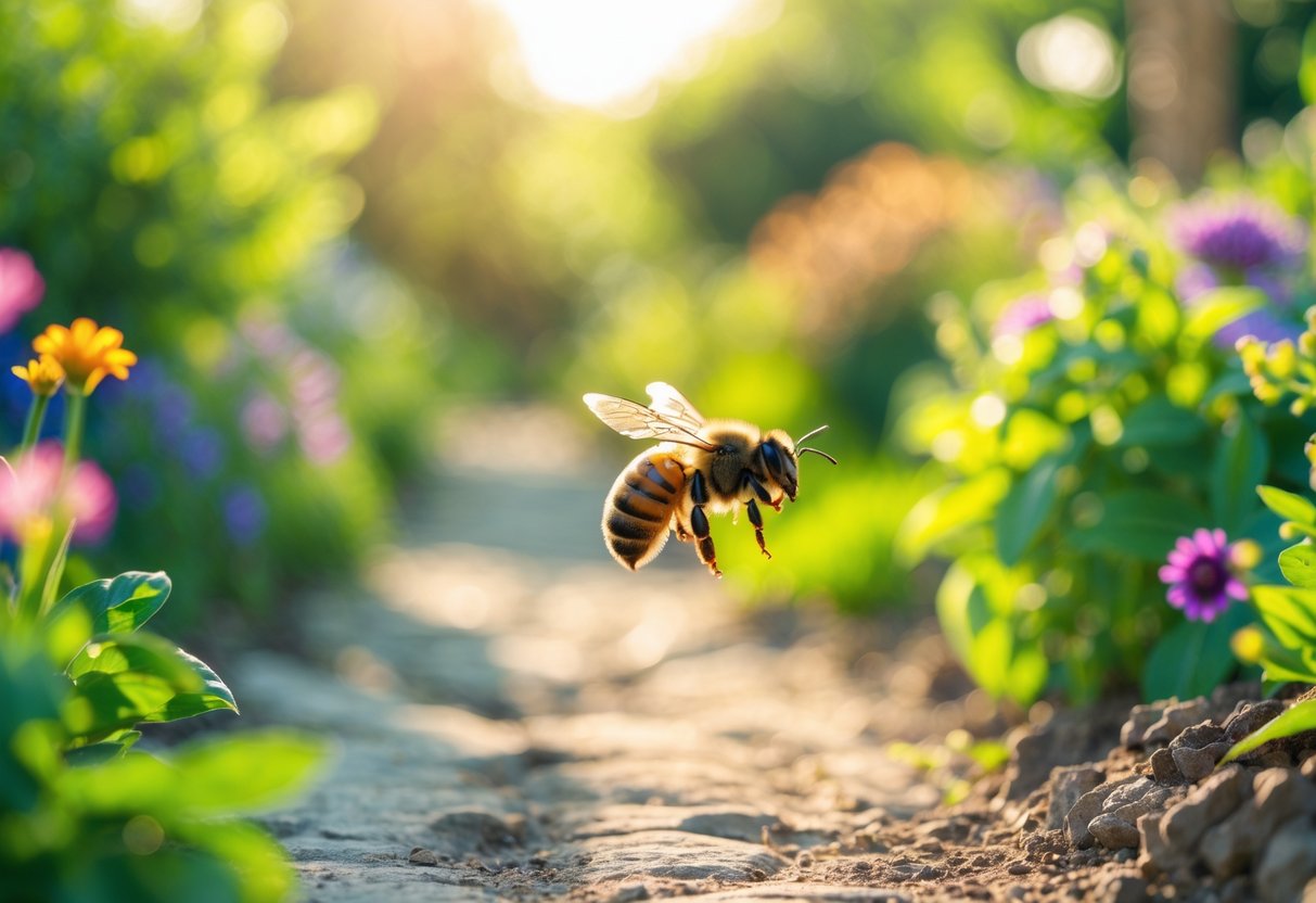 A bee flying across a sunlit garden path surrounded by green plants and flowers.