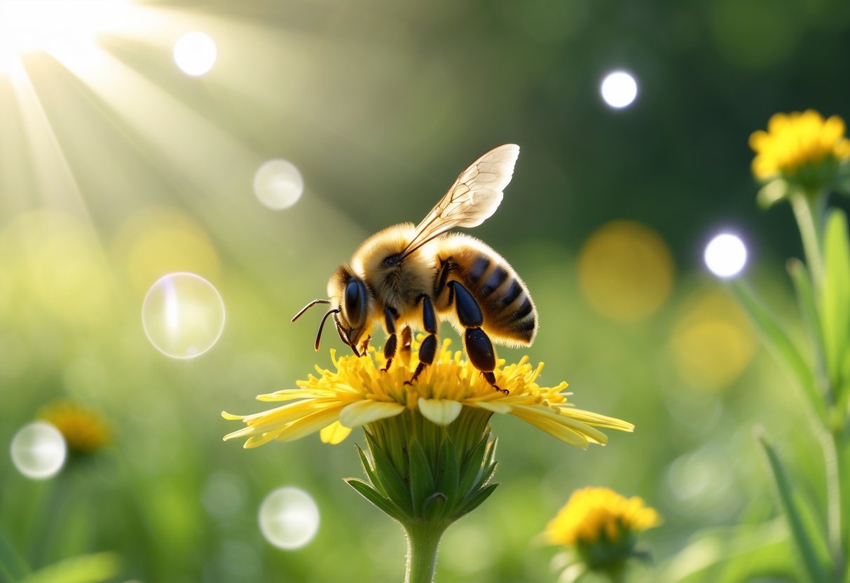 A close-up of a bee resting on a yellow flower in a sunlit meadow with soft glowing light around it.