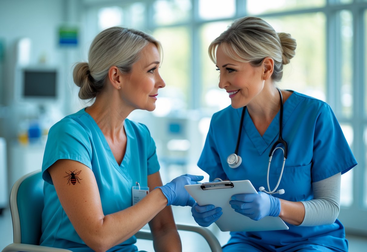 A woman in a hospital emergency room holding her arm with a bee sting while a nurse talks to her.
