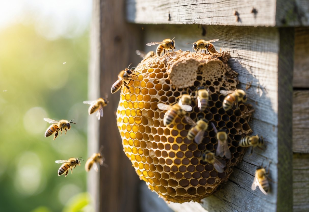 Close-up of a honey bee nest on a wooden surface with bees flying and crawling around it.