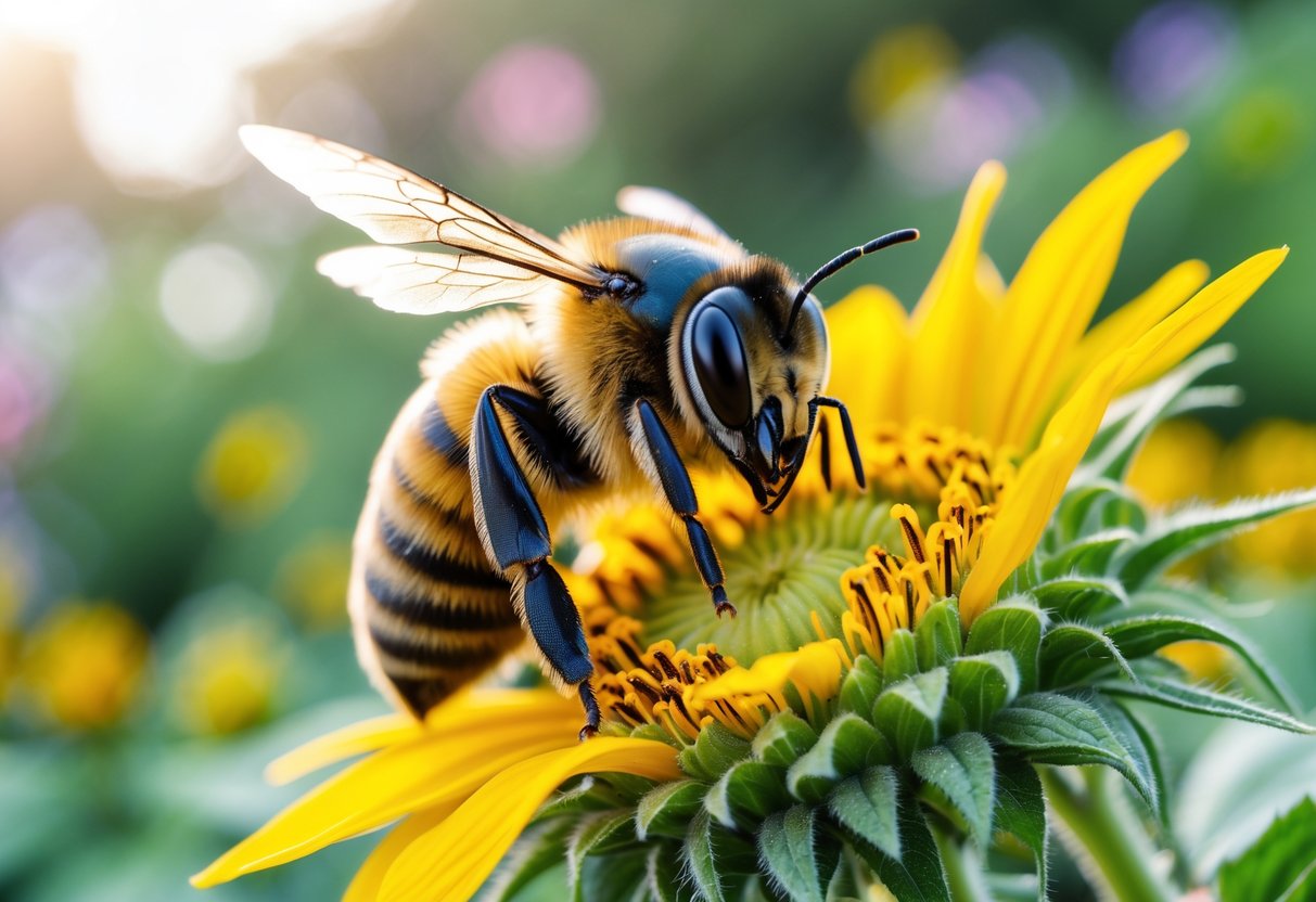 A close-up of a bee sitting on a yellow sunflower, looking directly toward the camera with green plants blurred in the background.