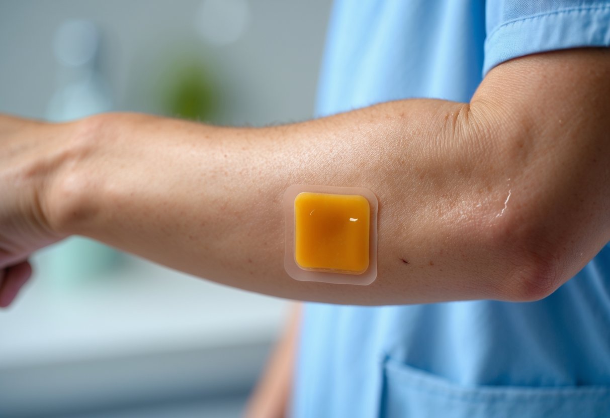 Close-up of a forearm with a small medical patch showing mild redness and swelling around it.