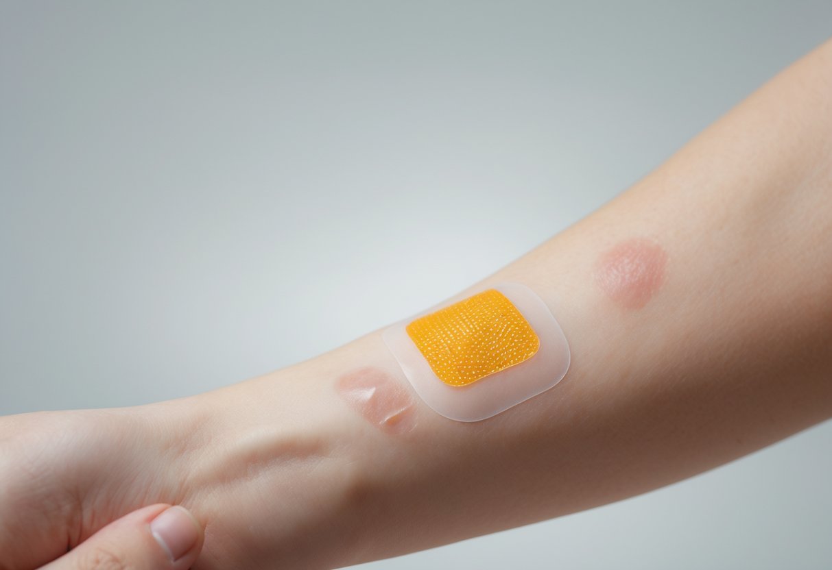Close-up of a forearm with a small adhesive patch showing mild redness and swelling around it.