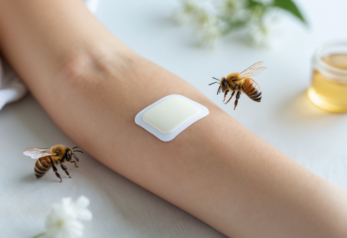 Close-up of a person's arm with a small medical patch applied, and a honeybee hovering nearby.