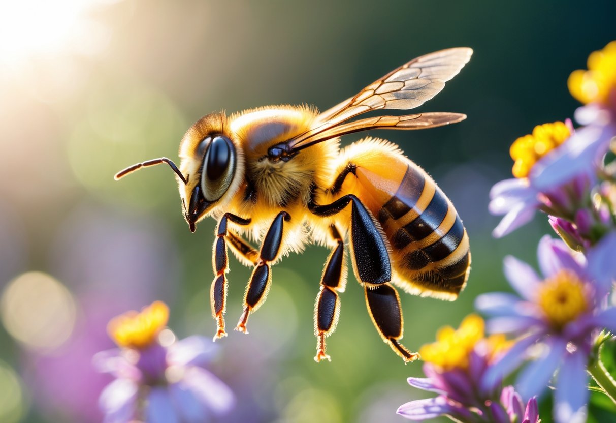A honeybee flying toward colorful flowers with pollen on its legs.