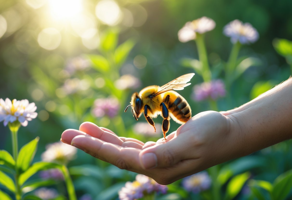 A bee landing on a person's hand surrounded by flowers in a garden.