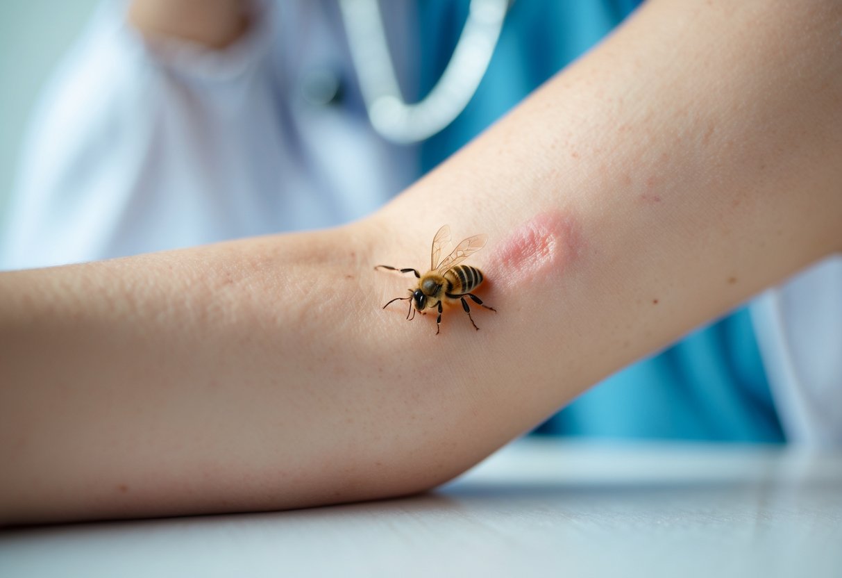 Close-up of a person's forearm with slight redness and swelling from a bee sting.