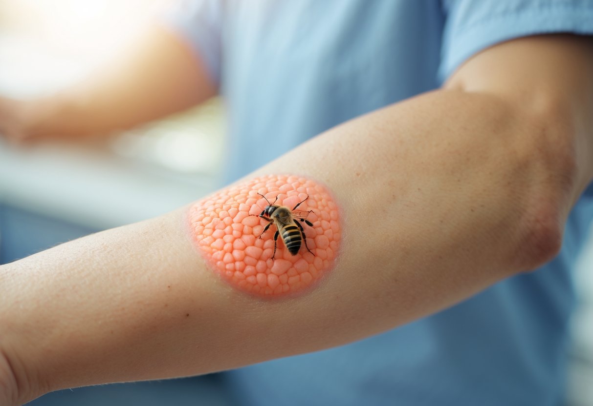 Close-up of a person's arm with red, swollen skin showing a delayed reaction to a bee sting.