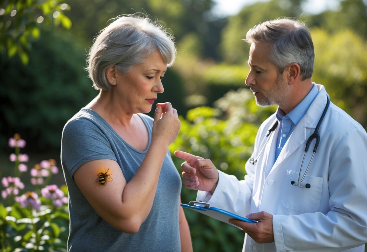 A woman outdoors examining a swollen arm with a bee sting mark while a medical professional explains something to her.