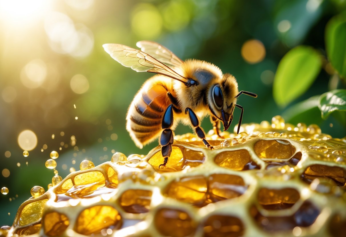 A honeybee sitting on a honeycomb shaped like stacked gold coins with sunlight and green leaves in the background.