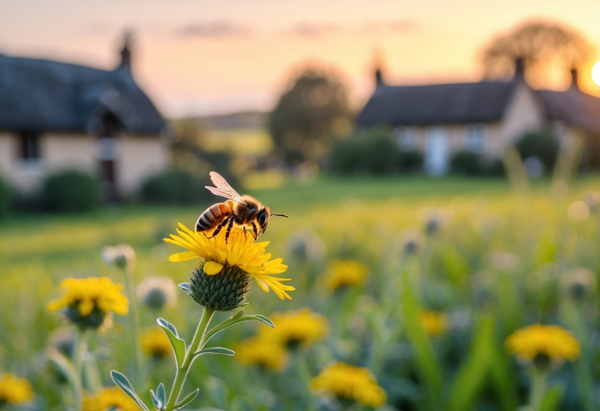 A honeybee resting on a yellow wildflower in a green countryside with thatched cottages in the background.