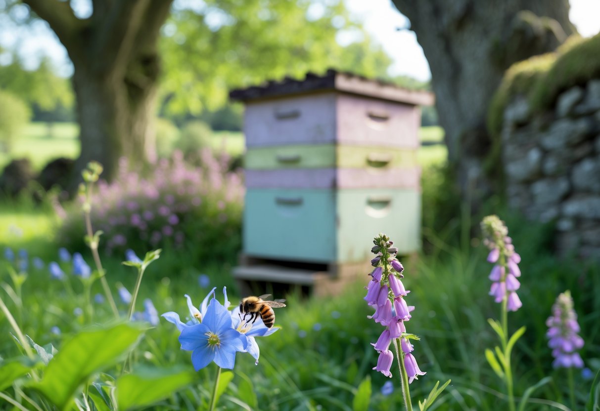 A honeybee on a wildflower near a wooden beehive in a lush English countryside garden with oak trees and a stone wall in the background.
