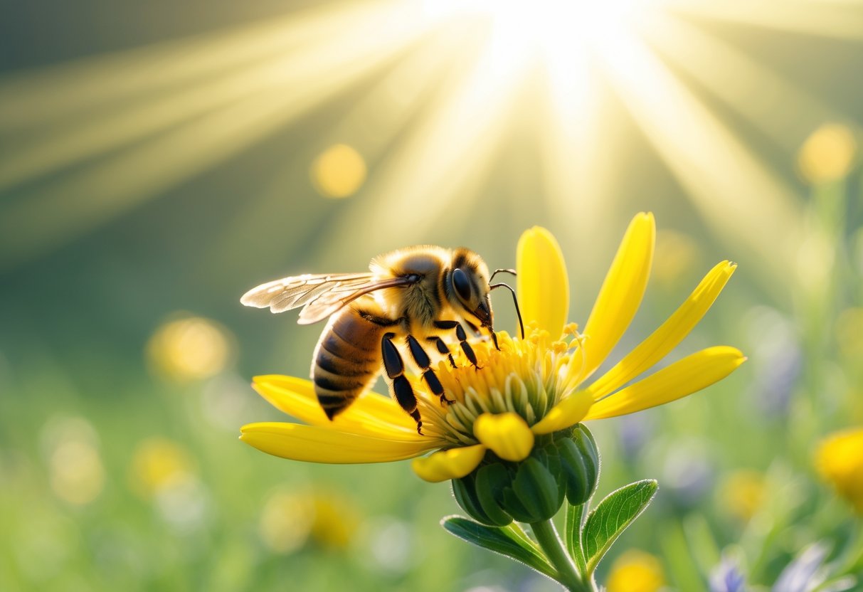 A honeybee sitting on a yellow flower in a green meadow with sunlight filtering through.