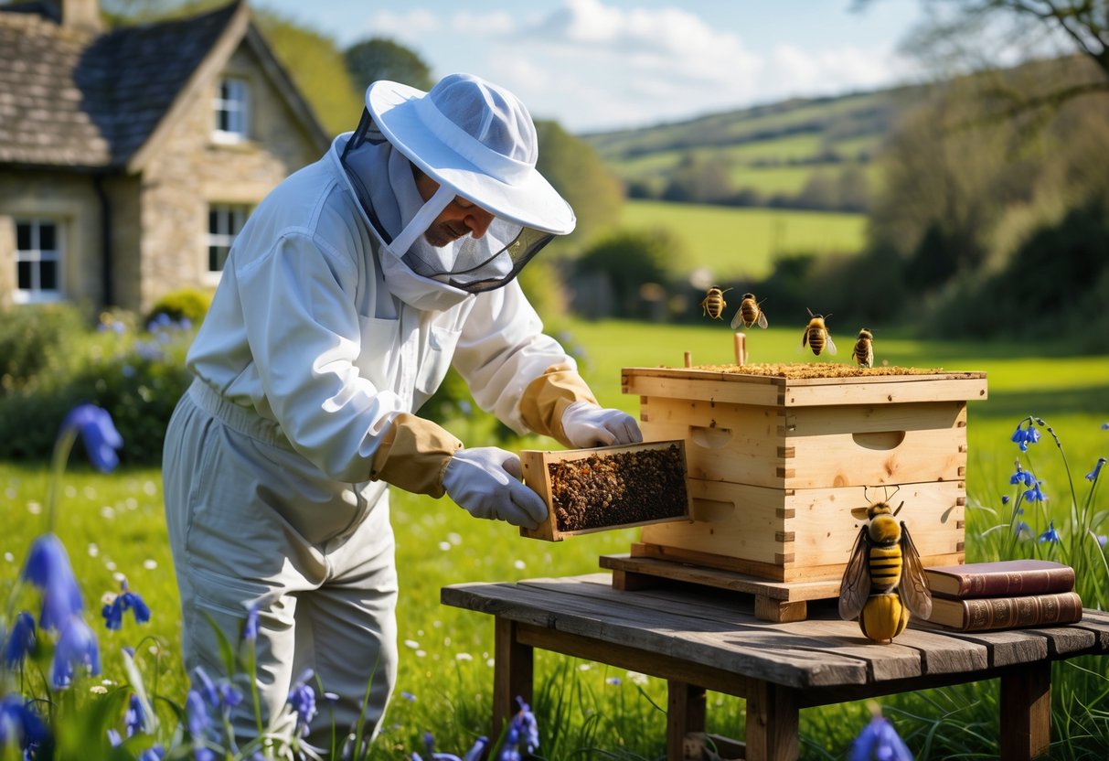 A beekeeper in white protective clothing inspects a wooden beehive in a green countryside garden with wildflowers and a stone cottage in the background.