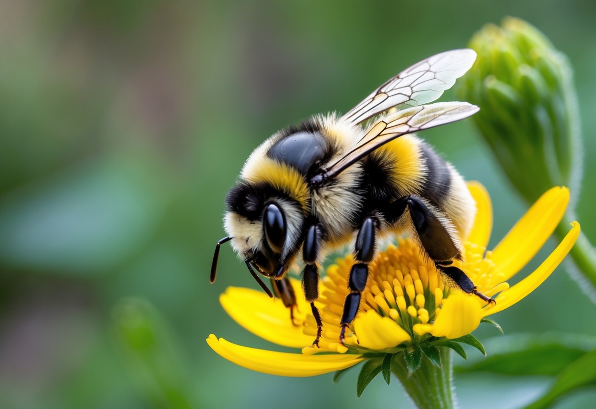A bumblebee sitting on a yellow flower with green leaves in the background.