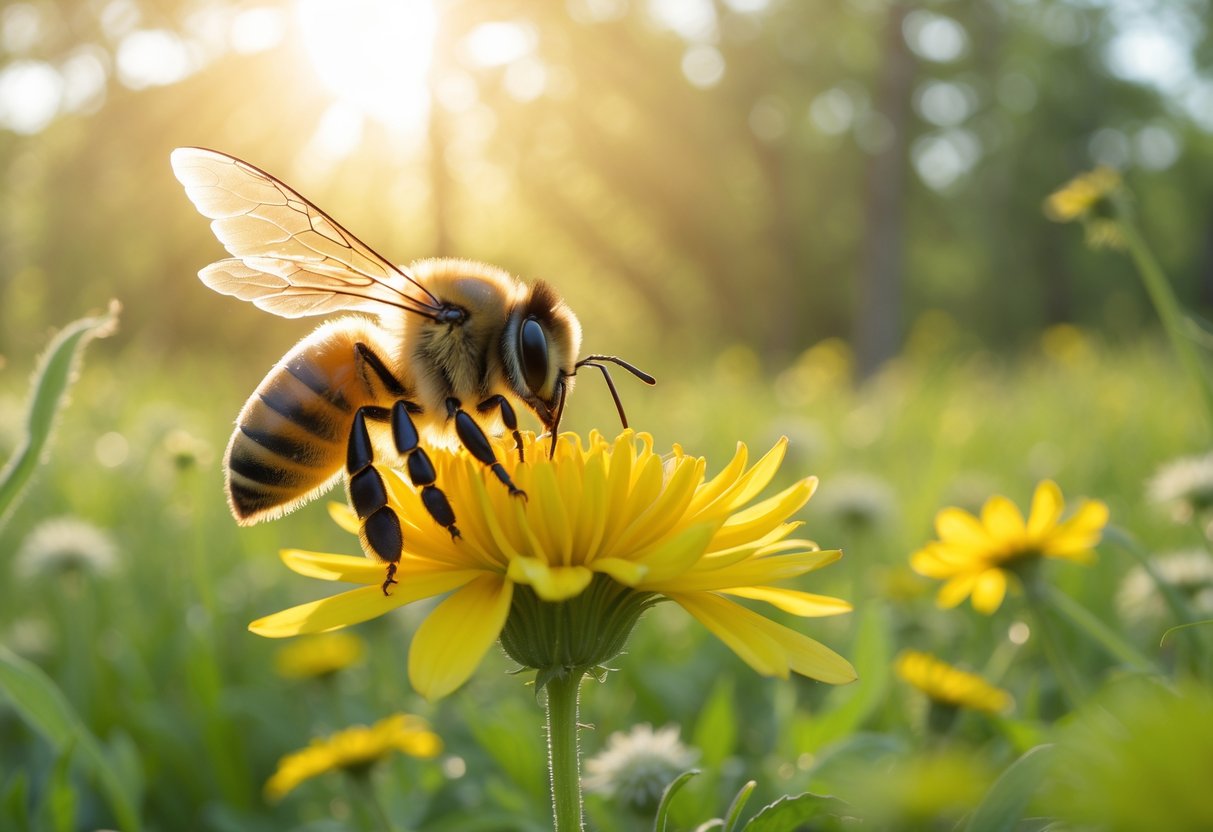 A bee resting on a yellow flower in a sunlit meadow with green plants and soft sunlight in the background.