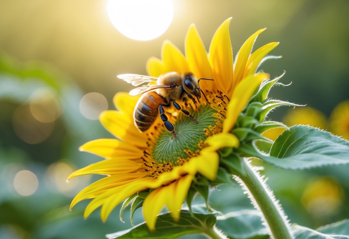 A honeybee resting on a bright yellow sunflower with green leaves in the background.