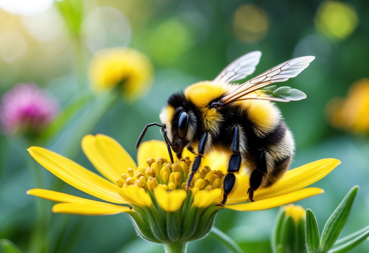 A bumblebee collecting nectar from a yellow flower in a green garden.