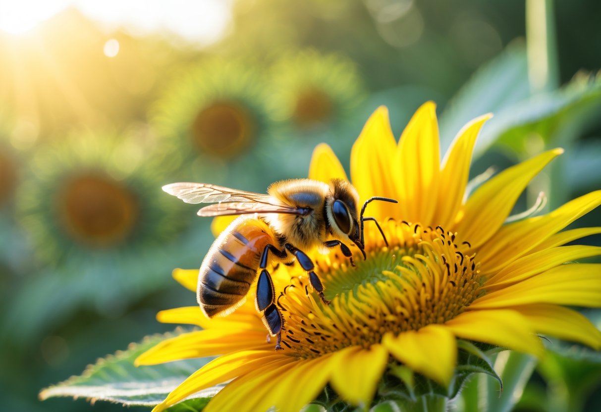 A honeybee collecting nectar on a yellow sunflower with green foliage in the background.