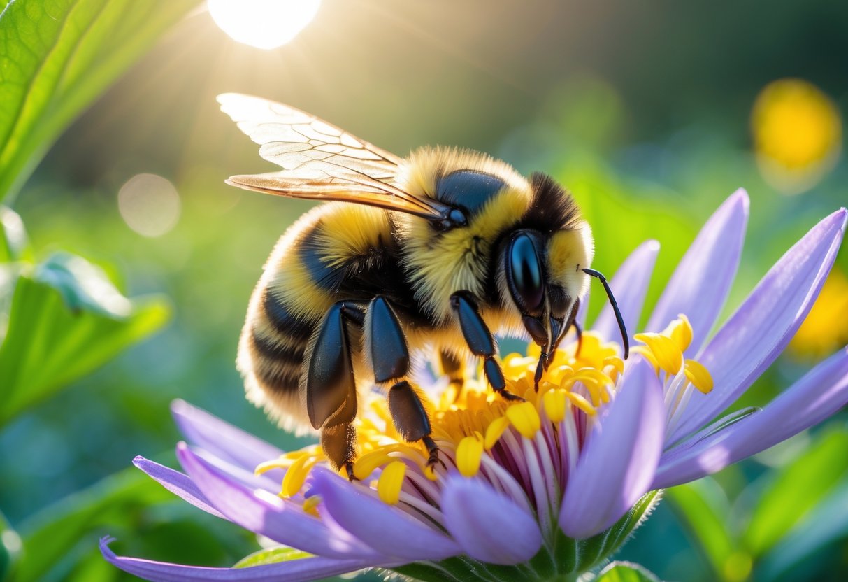 Close-up of a bumble bee sitting on a flower surrounded by green leaves in natural light.