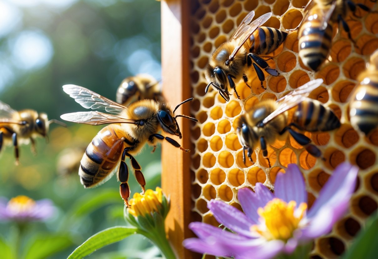 Close-up of honeybees inside a hive with one bee performing a waggle dance on the honeycomb while others watch.