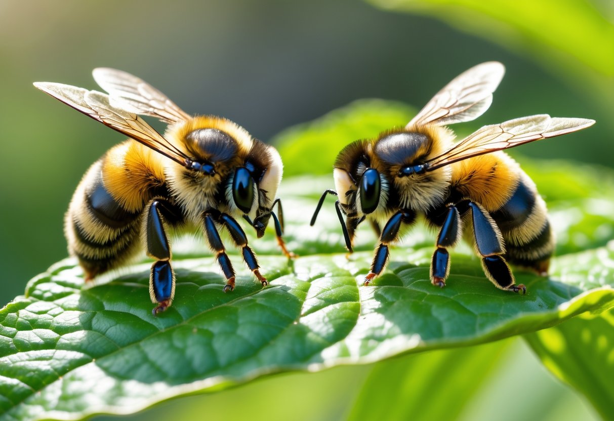 Two bumble bees on a green leaf, one larger queen bee and one smaller worker bee, showing differences in size and body shape.