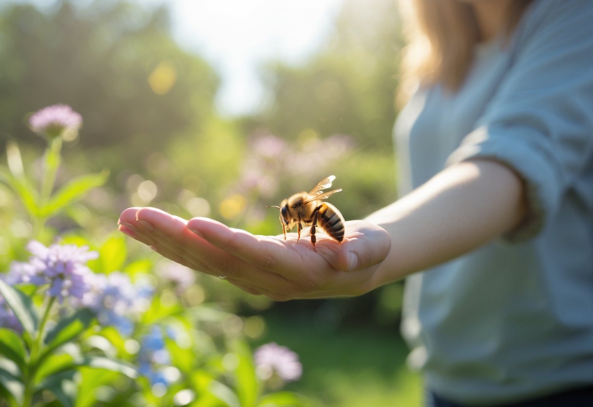 A person calmly holding out their hand with a bee resting on it in a garden.