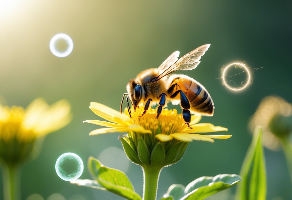 Close-up of a honeybee on a yellow flower with soft sunlight and a blurred green background.